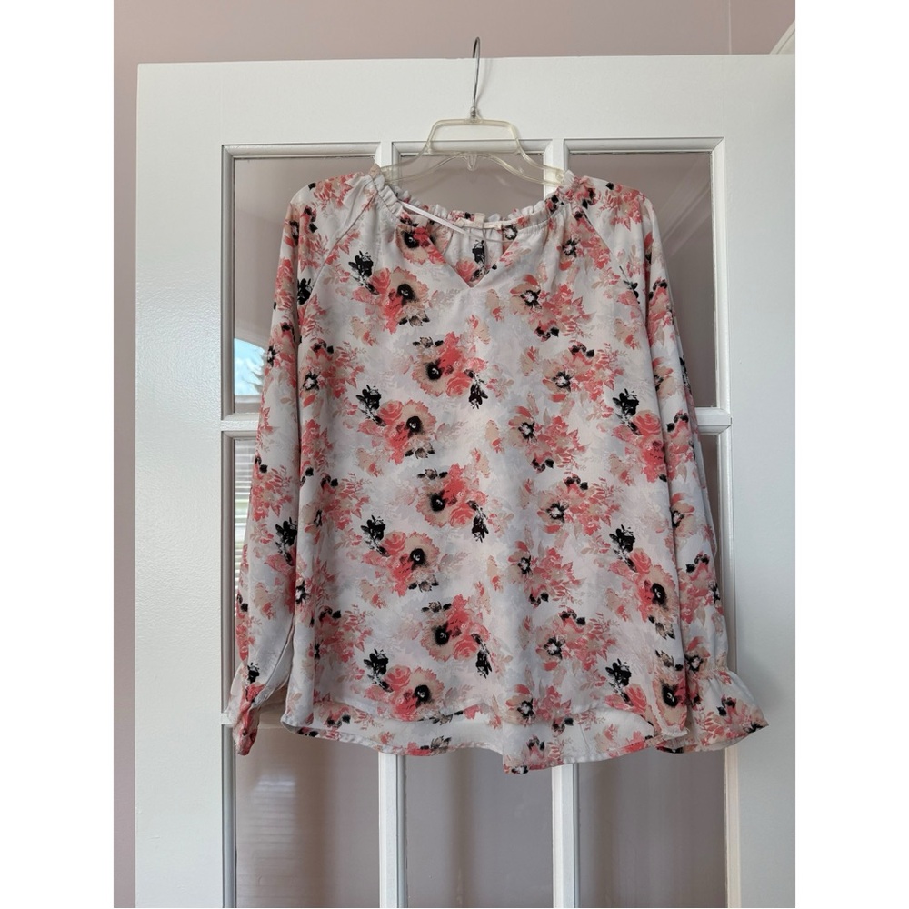 C&C California Pink Floral Sheer Long Sleeve Blouse